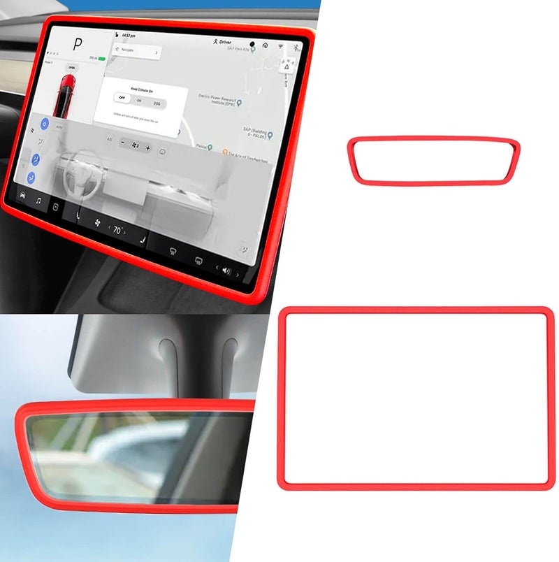 Yeapop 2Pcs Silicone Protector Frames of Screen and Rear View Mirror for Tesla Model 3 2017-2023 and Model Y 2019-Feb.2025. (Red) - Image 1